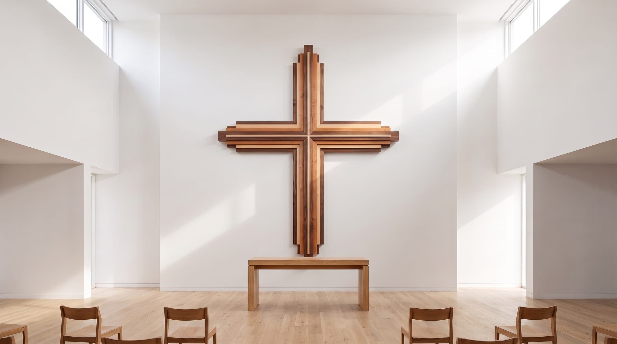 A 12-foot layered cross on the front wall of a bright modern sanctuary