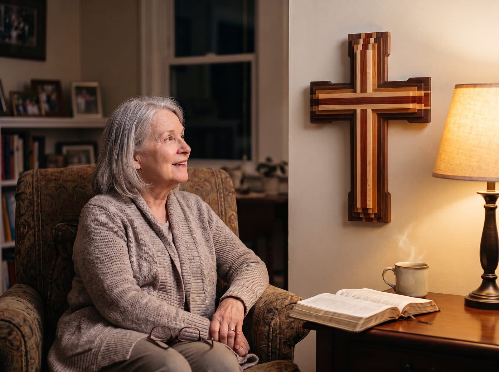 Woman in an armchair talking to the cross on her wall in the evening